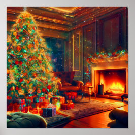 Póster Árbol De Navidad Retro Y Chimenea