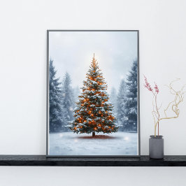 Póster Árbol de Navidad ricamente decorado en invierno
