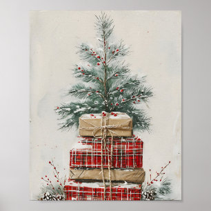 Póster Arbol de Navidad Rústico y Pista de Regalo de Plat