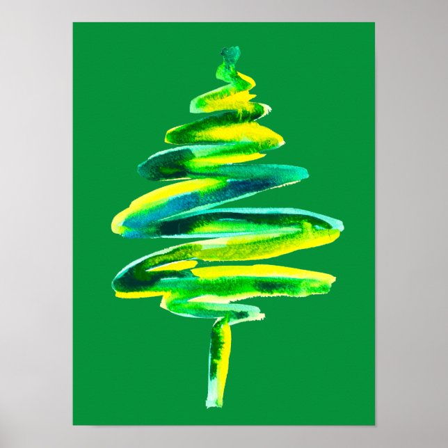 Póster Árbol de Navidad verde acuarela abstracta (Frente)