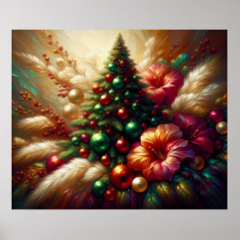 Póster Árbol de Navidad y flores en una pared hermosa