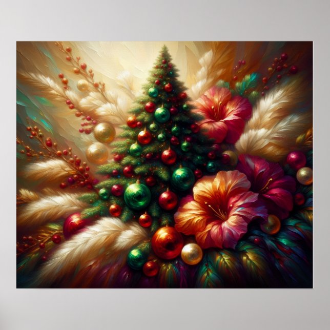 Póster Árbol de Navidad y flores en una pared hermosa (Frente)