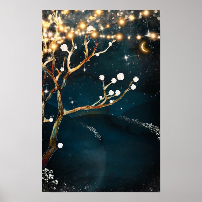 Póster Árbol de Noche Rústico Ilustra Boda Noche Estelar (Frente)