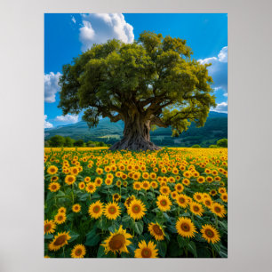 Póster Árbol de oliva en campo girasol
