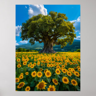 Póster Árbol de oliva en campo girasol