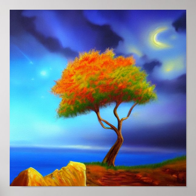 Póster Árbol de otoño bailando en un Poster acantilado (Frente)