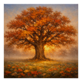 Póster Árbol de otoño con mariposas al amanecer