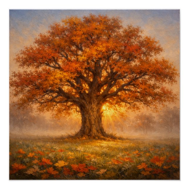 Póster Árbol de otoño con mariposas al amanecer (Anverso)