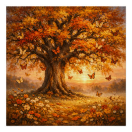 Póster Árbol de otoño con mariposas al amanecer