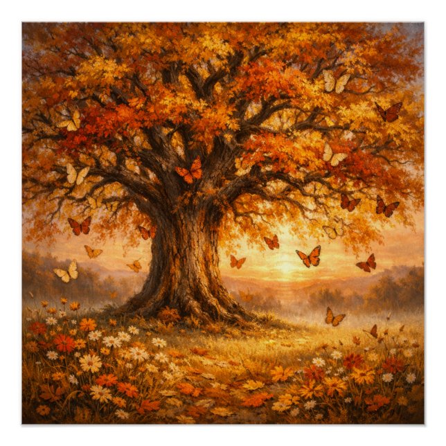 Póster Árbol de otoño con mariposas al amanecer (Anverso)