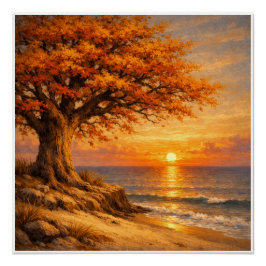 Póster Árbol de otoño con mariposas al amanecer