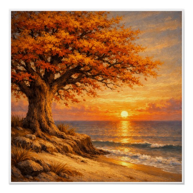 Póster Árbol de otoño con mariposas al amanecer (Anverso)