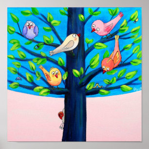 Póster Árbol de Pájaros Aves Alegres en una Guardería d