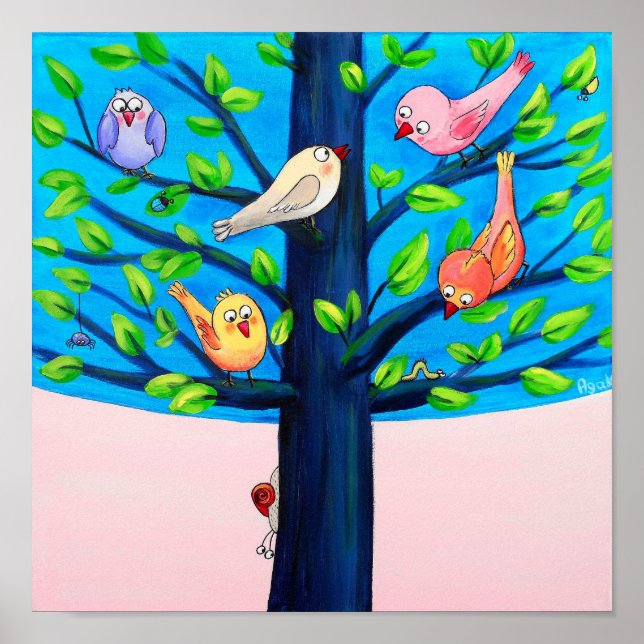 Póster Árbol de Pájaros | Aves Alegres en una Guardería d (Frente)