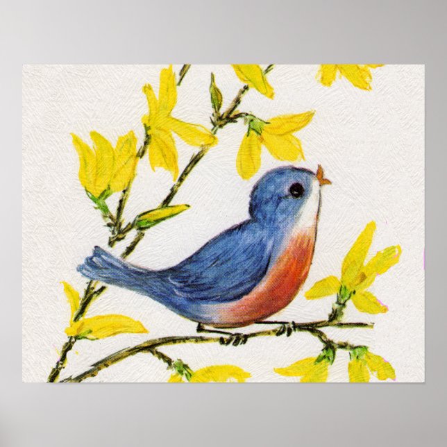 Póster Árbol de pájaros azules canto (Frente)