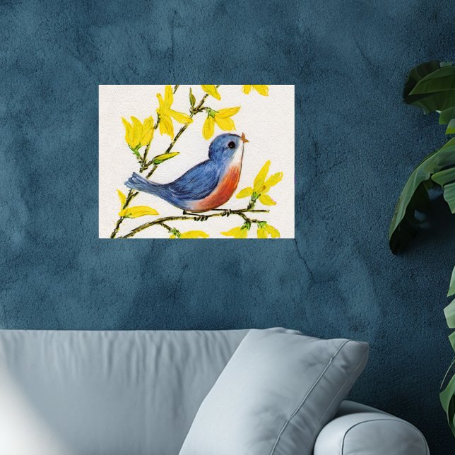 Póster Árbol de pájaros azules canto (Pretty singing blue red bird in tree yellow flowers on faux textured white wall poster.)