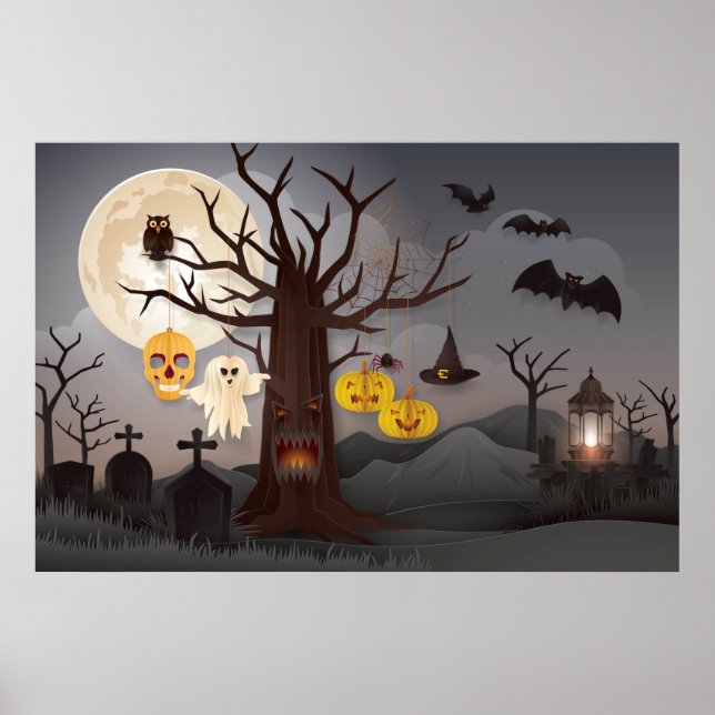 Póster Árbol de papel de Halloween, fantasmas, murciélago (Frente)