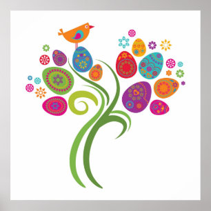 Póster Árbol de Pascua con los huevos y las flores