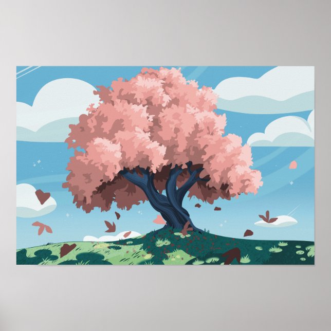 Póster Árbol de Perla: paisaje estilizado de flores de ce (Frente)
