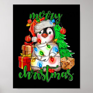 Póster Árbol de pingüino de navidad ilumina Santa Hat Fun
