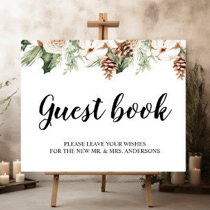 Póster Árbol de pino verde acuático y flores blancas