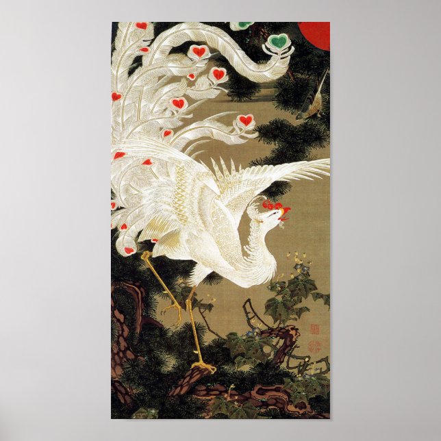 Póster Árbol de pino viejo y Fénix blanco de Ito Jakuchu (Frente)