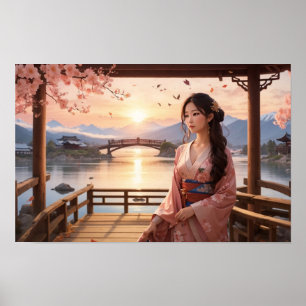Póster Árbol de sakura al atardecer con bella mujer asiát