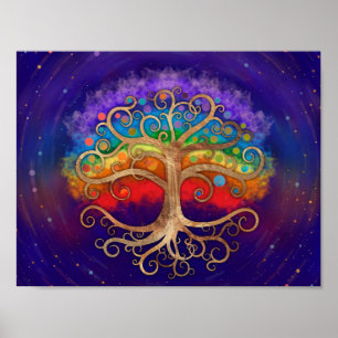 Póster Árbol de vida Bizarda dorada y arco iris