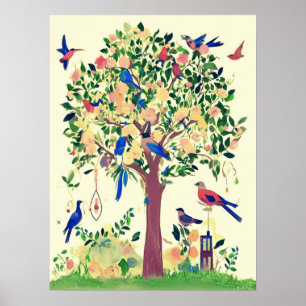 Póster Árbol de vida con aves y flores