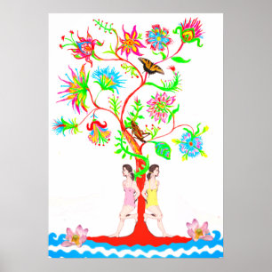 Póster Árbol de vida. Flora y fauna