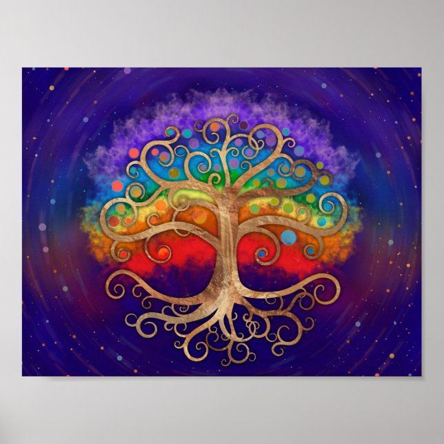 Póster Árbol de vida Golden Swirl y Rainbow (Frente)