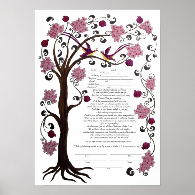 Póster Árbol de vida Ketubah y granadas, retrato (rw) (Frente)