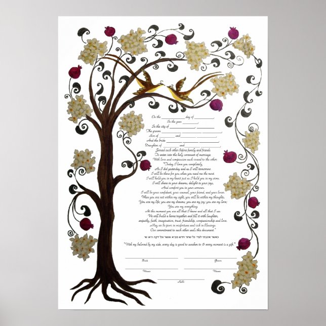 Póster Árbol de vida Ketubah y granadas, retrato (sw) (Frente)