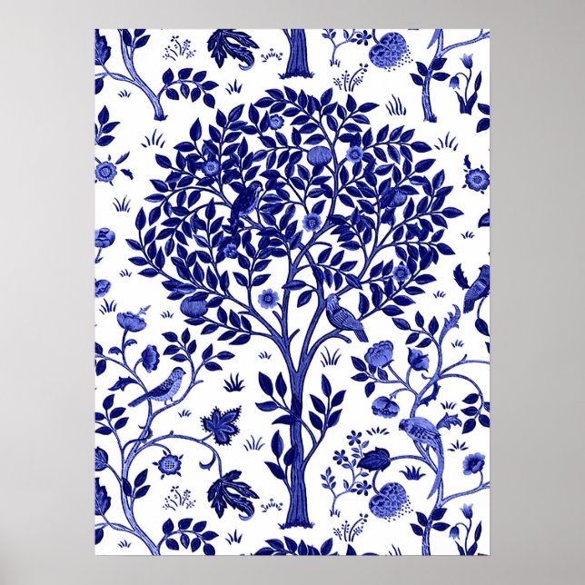Póster Árbol de vida William Morris, azul cobalto y blanc (Frente)