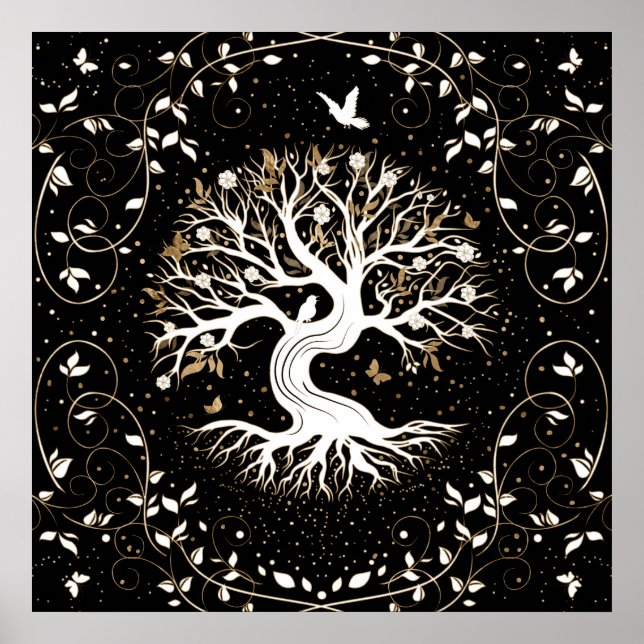 Póster Árbol de vida - Yggdrasil - blanco negro y oro (Frente)