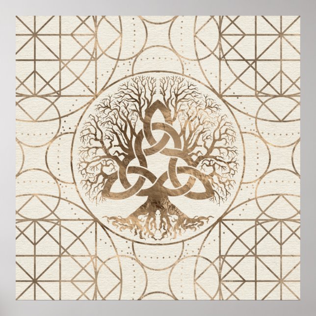 Póster Árbol de vida -Yggdrasil con oro de Triquetra Past (Frente)