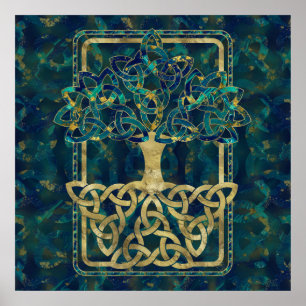 Póster Árbol de vida - Yggdrasil con símbolos Triquetra