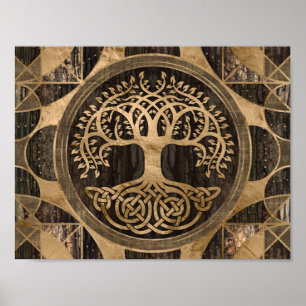 Póster Árbol de vida -Yggdrasil - Corteza de madera y oro