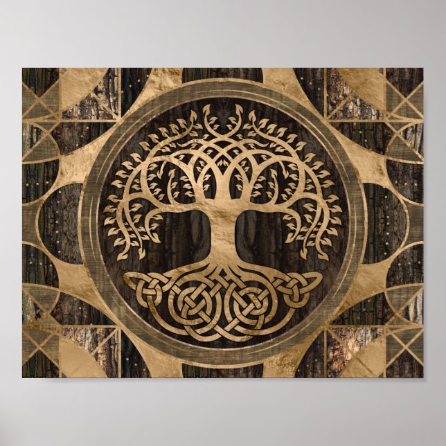 Póster Árbol de vida -Yggdrasil - Corteza de madera y oro (Frente)