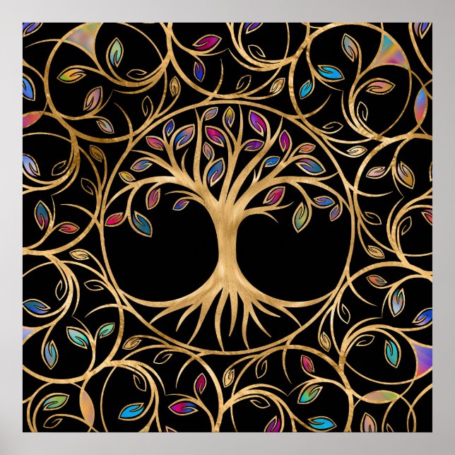 Póster Árbol de vida - Yggdrasil - hojas de colores (Frente)