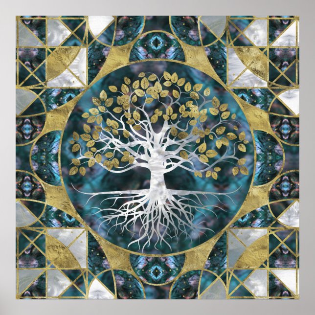 Póster Árbol de vida - Yggdrasil - Mármol y oro (Frente)