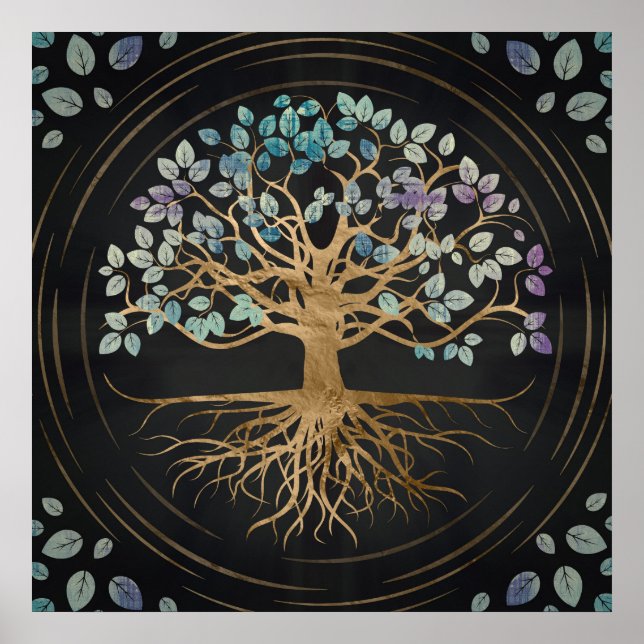 Póster Árbol de vida - Yggdrasil - Oro y textura pintada (Frente)