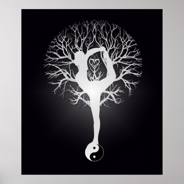 Póster Árbol de yoga blanco y negro con mujer y yin yang. (Frente)