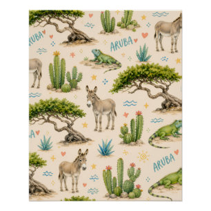 Póster árbol divi de Aruba, burro, iguana, cactus