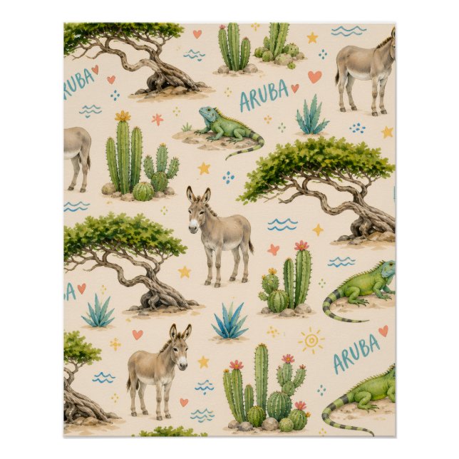 Póster árbol divi de Aruba, burro, iguana, cactus (Anverso)