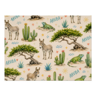 Póster árbol divi de Aruba, burro, iguana, cactus