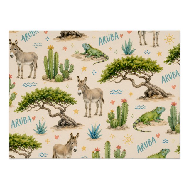 Póster árbol divi de Aruba, burro, iguana, cactus (Anverso)
