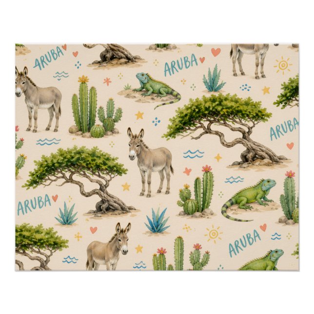 Póster árbol divi de Aruba, burro, iguana, cactus (Anverso)