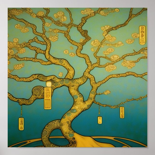 Póster Árbol dorado de prosperidad y abundancia Hokusai (Frente)