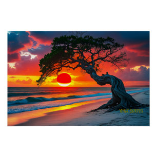 Póster Árbol dramático de la puesta del sol sobre el arte